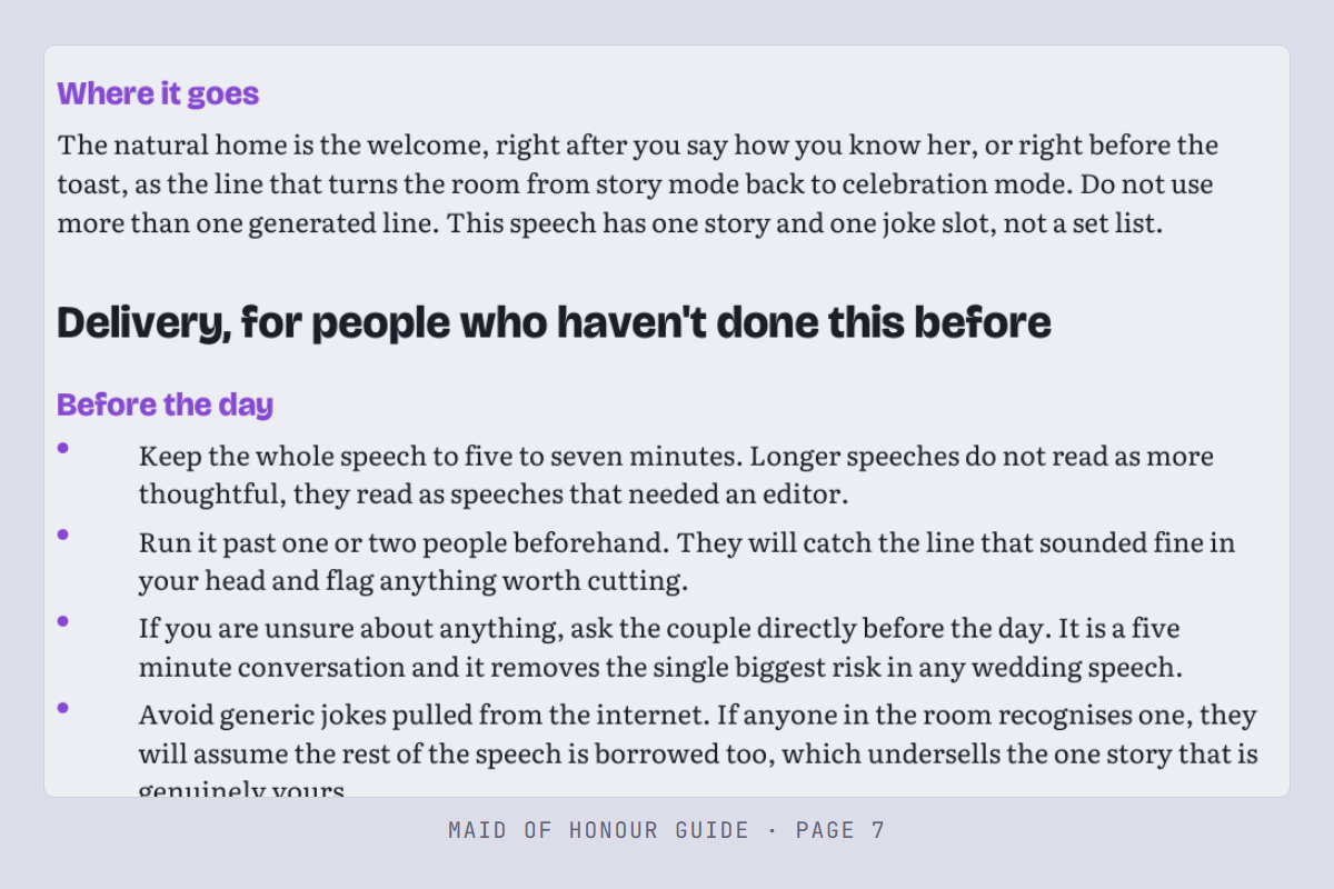 A sharp, fully readable crop of the guide page covering where the generated line goes and delivery notes