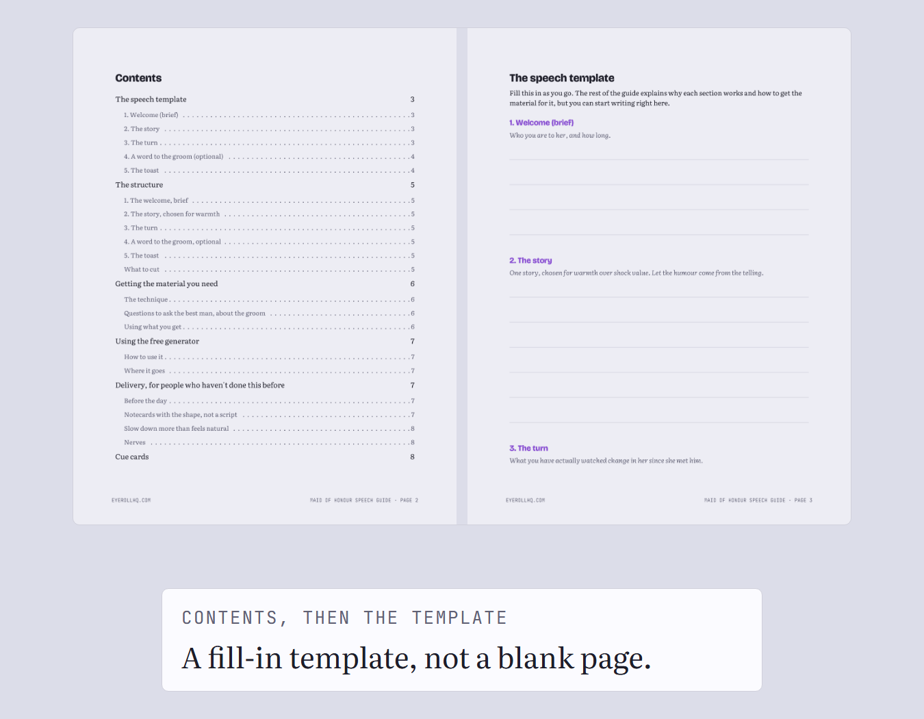 The guide's contents page next to its fill-in speech template page