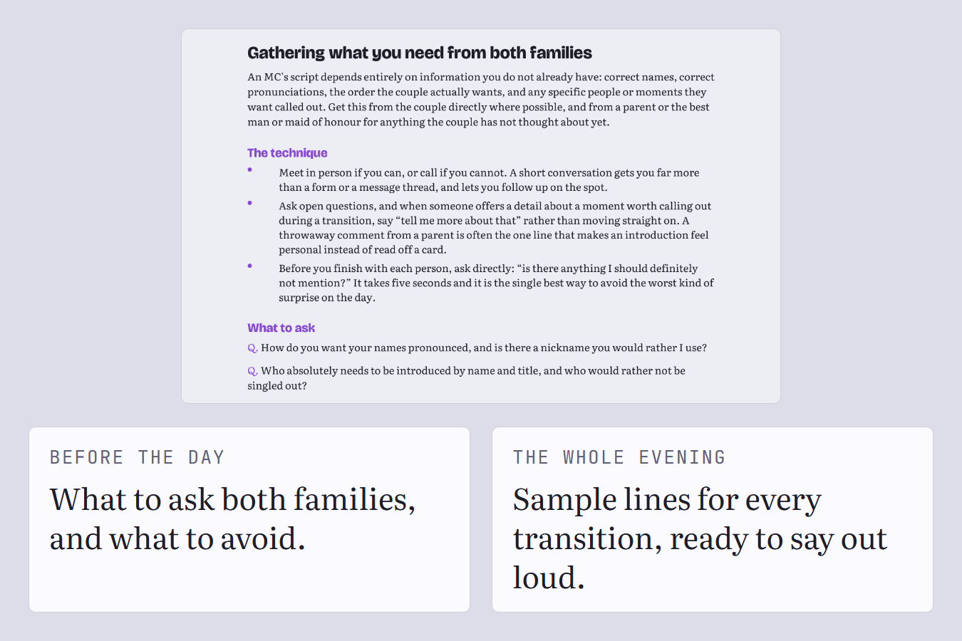 A guide page covering how to gather names, pronunciations, and timings from both families