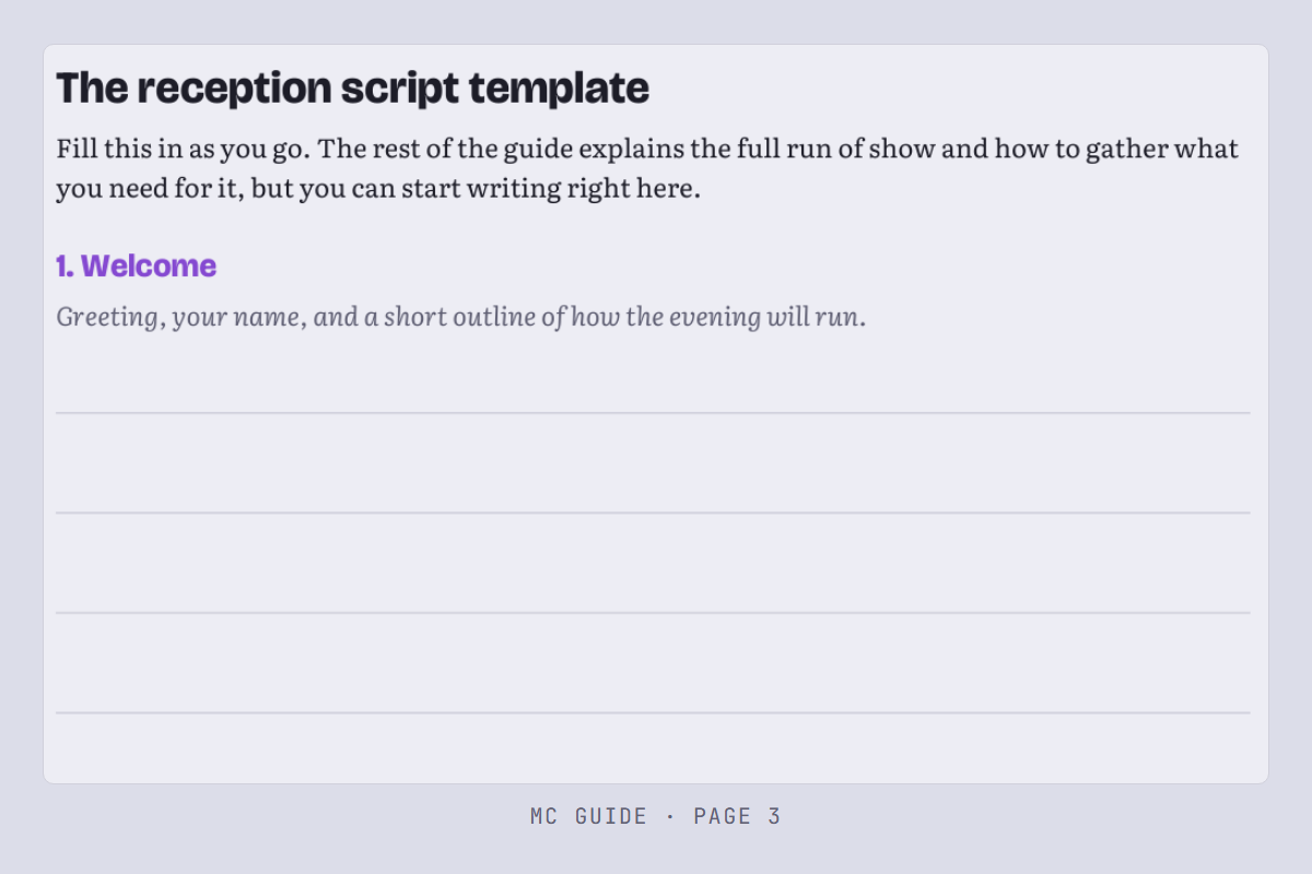A sharp, fully readable crop of the fill-in reception script template page